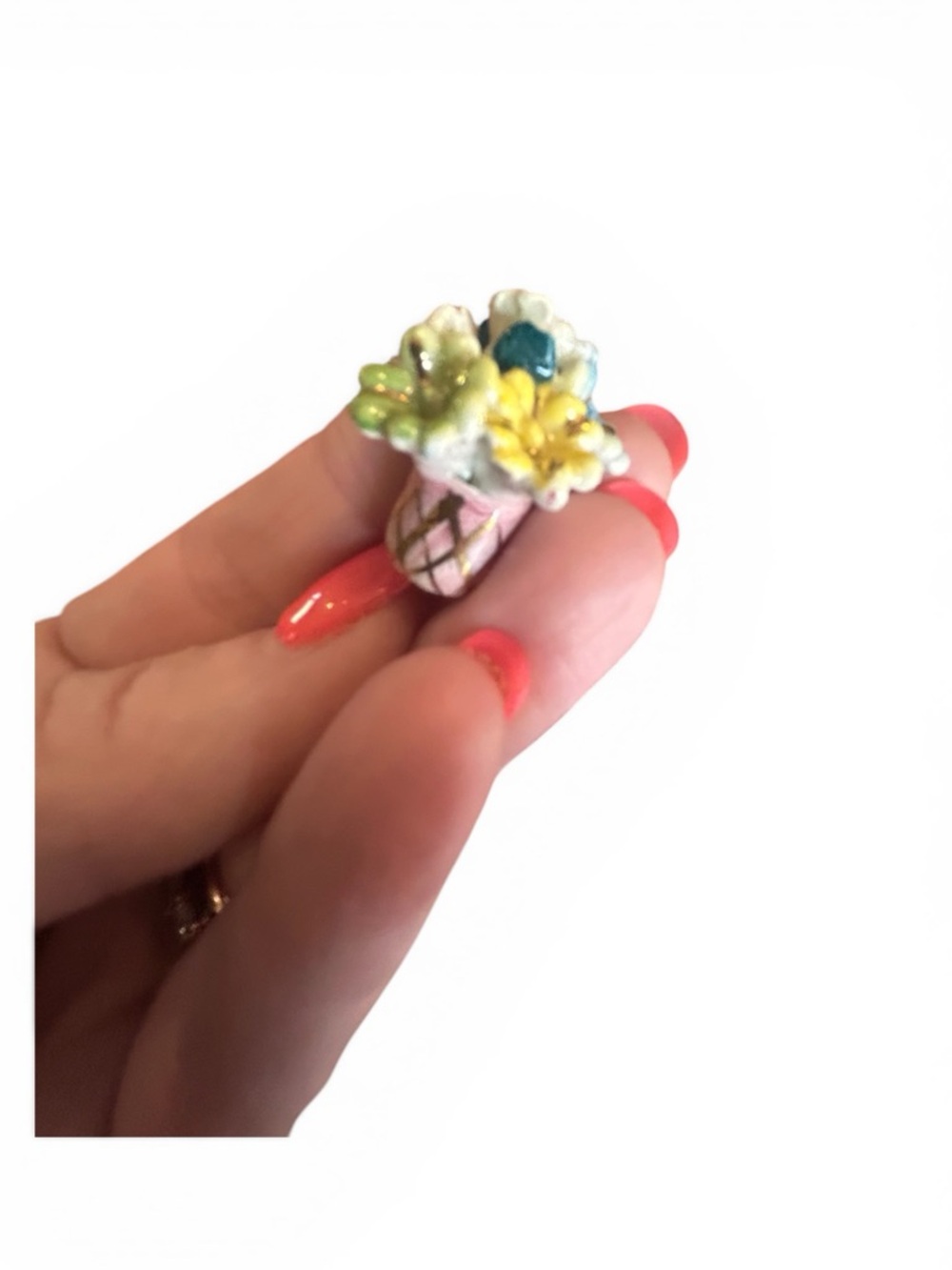 Vintage Hand-Painted Ceramic Floral Bouquet Clip On Earrings